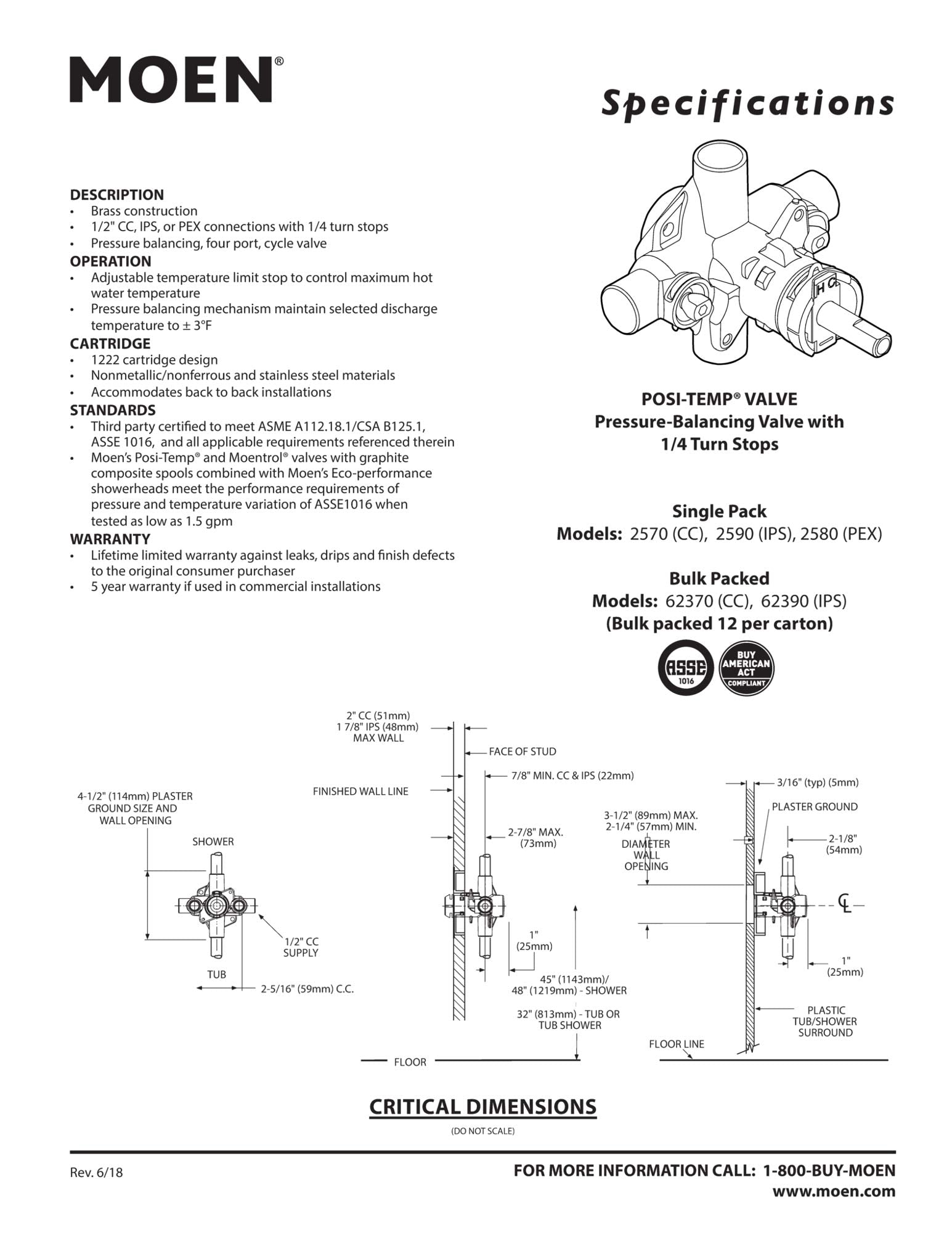 Moen Posi-Temp pressure-balancing rough-in valve with 1/4 turn stops, brass construction, shown in technical specification di
