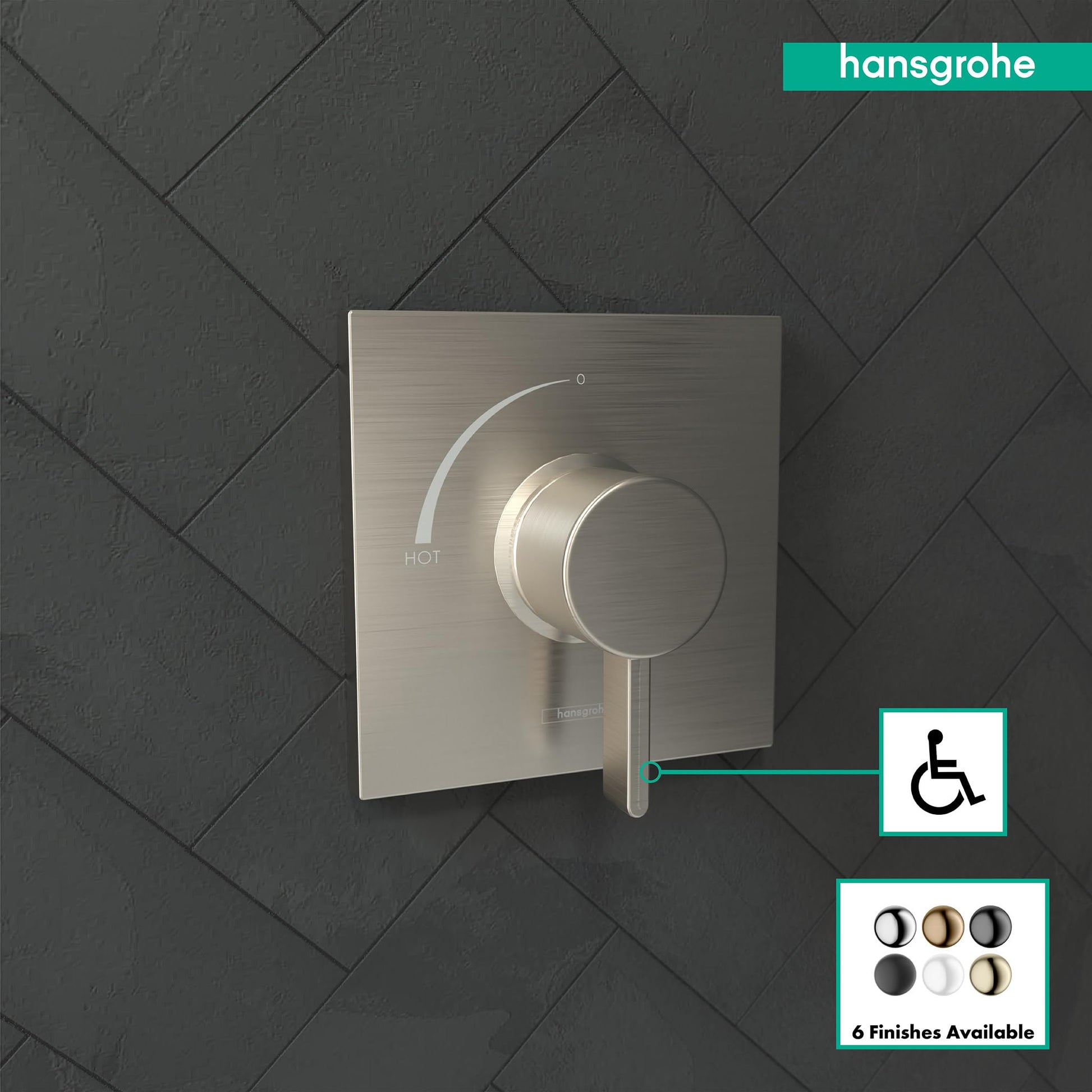 Brushed nickel square pressure balance valve trim with single lever handle and hot water marking on tiled wall.