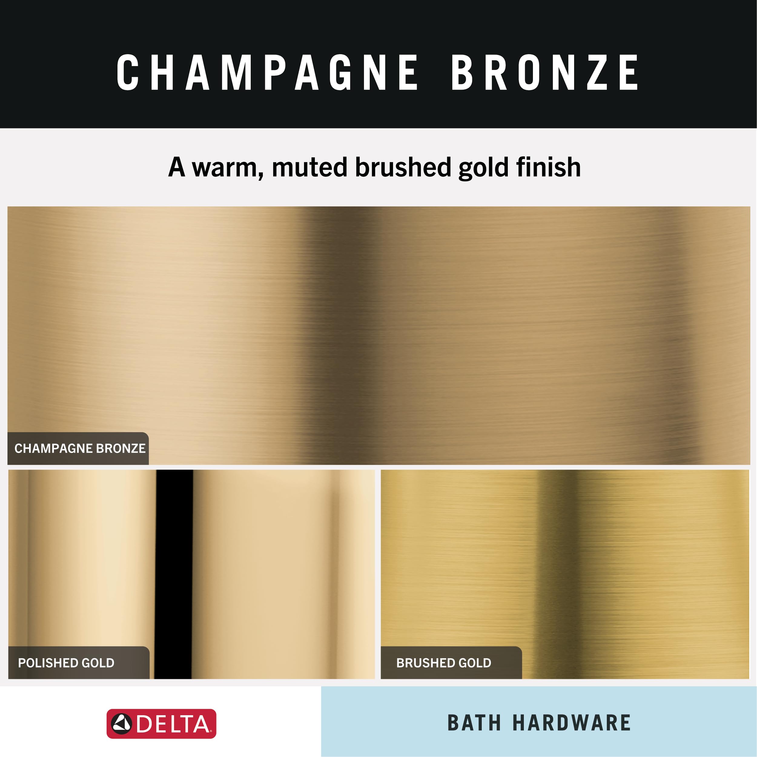 Champagne bronze finish sample showing warm, muted brushed gold appearance compared to polished and brushed gold finishes.