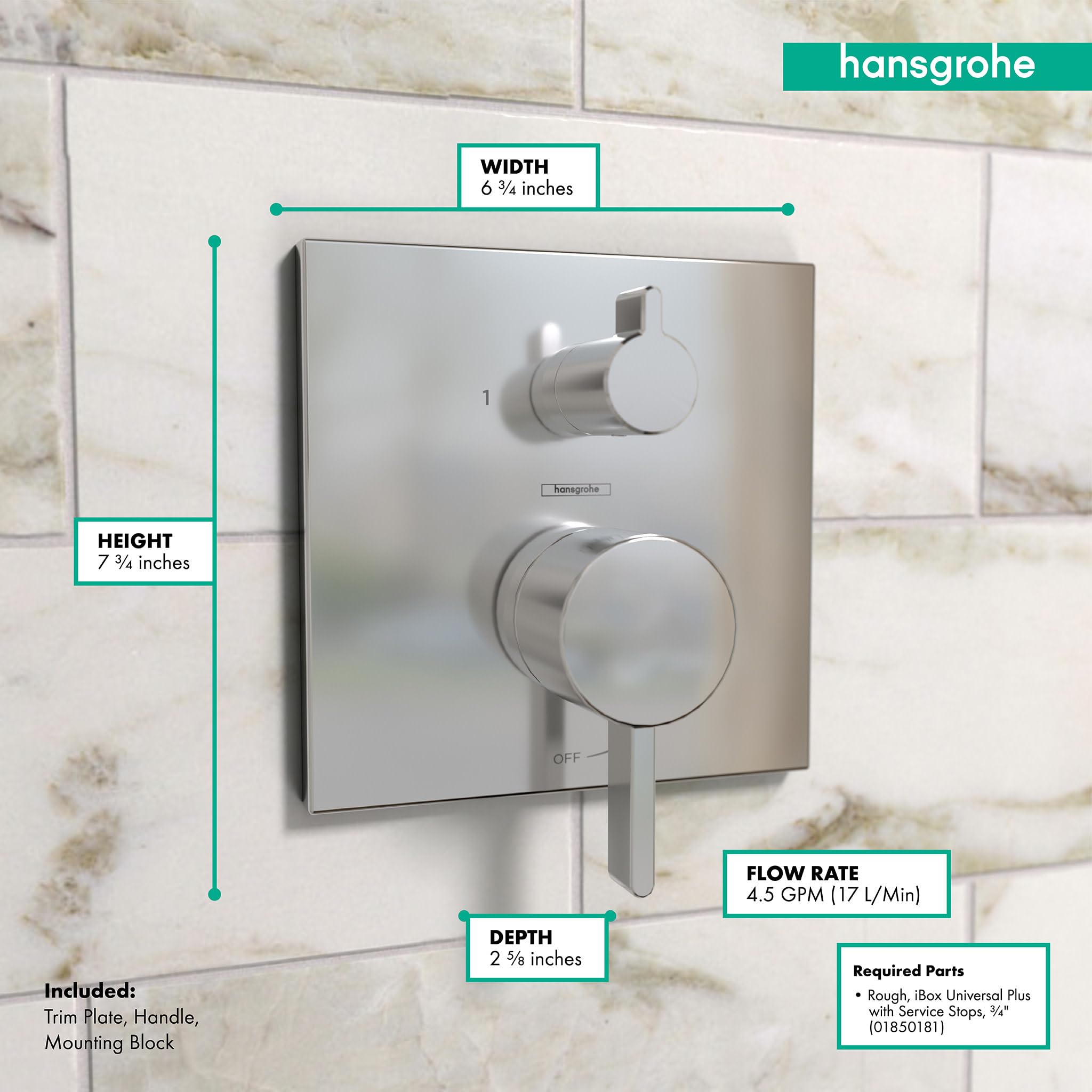Hansgrohe 15862001 Ecostat Pressure Balance Trim Square with Diverter in Chrome