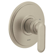 Brushed nickel single-handle bathtub and shower valve trim with oval escutcheon plate and rectangular lever handle.