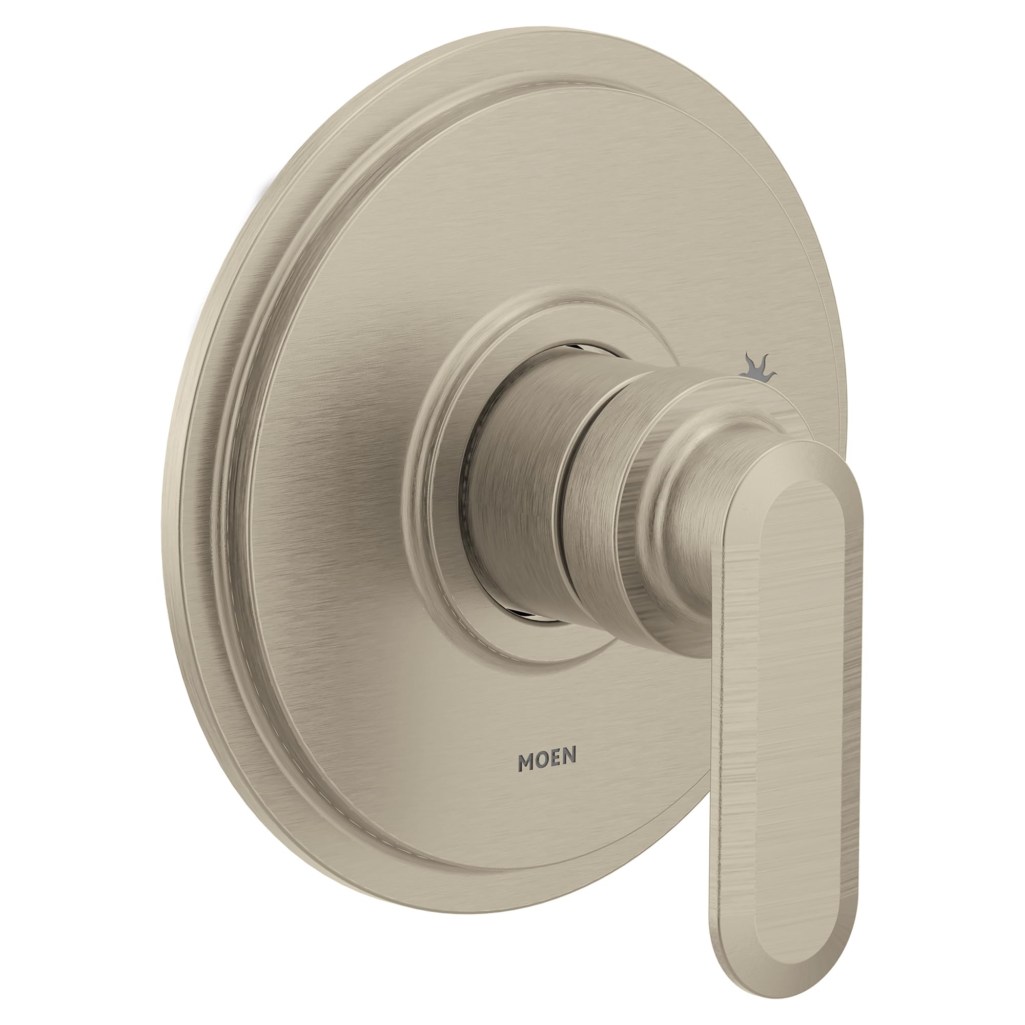 Brushed nickel single-handle bathtub and shower valve trim with oval escutcheon plate and rectangular lever handle.