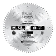 10-inch circular saw blade with 72 teeth, silver coating, 5/8" arbor hole, designed for solid surface cutting.