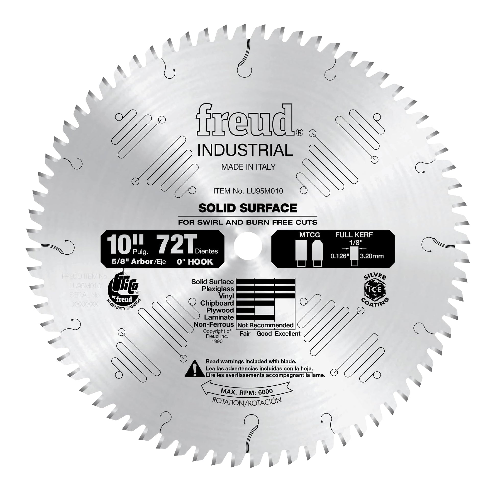 10-inch circular saw blade with 72 teeth, silver coating, 5/8" arbor hole, designed for solid surface cutting.