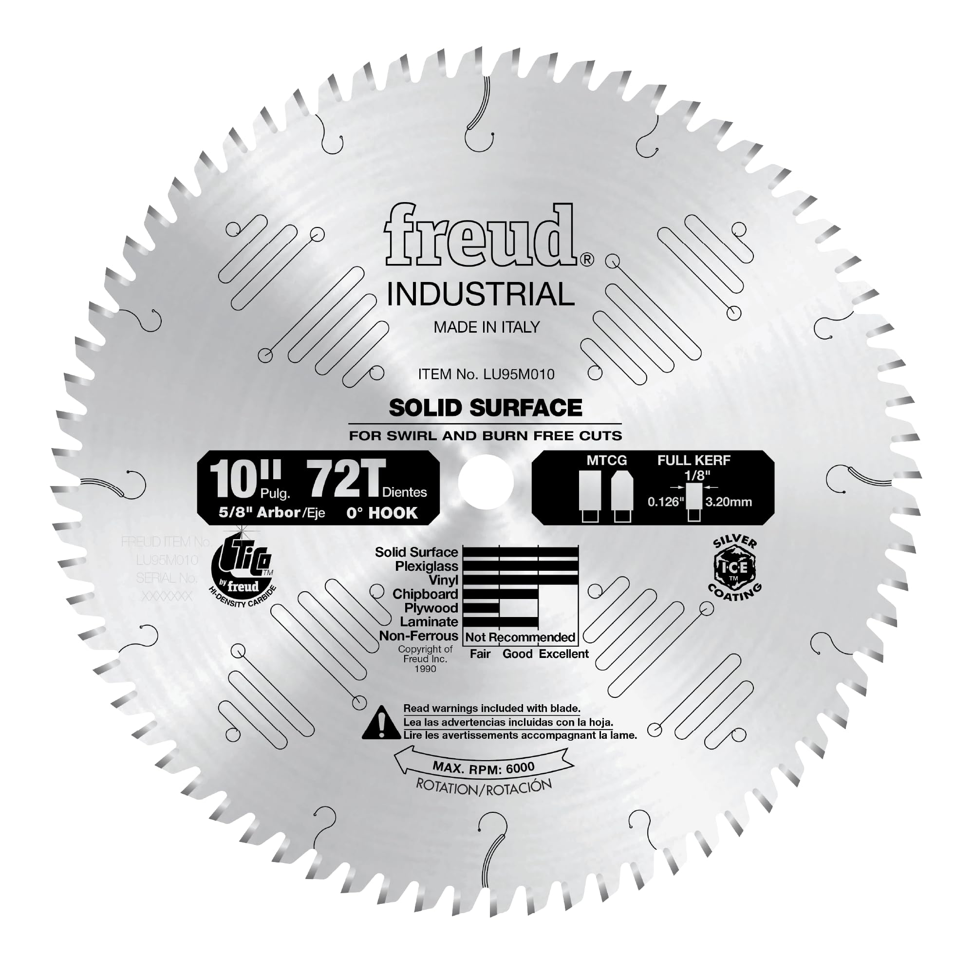 10-inch circular saw blade with 72 teeth, silver coating, 5/8" arbor hole, designed for solid surface cutting.