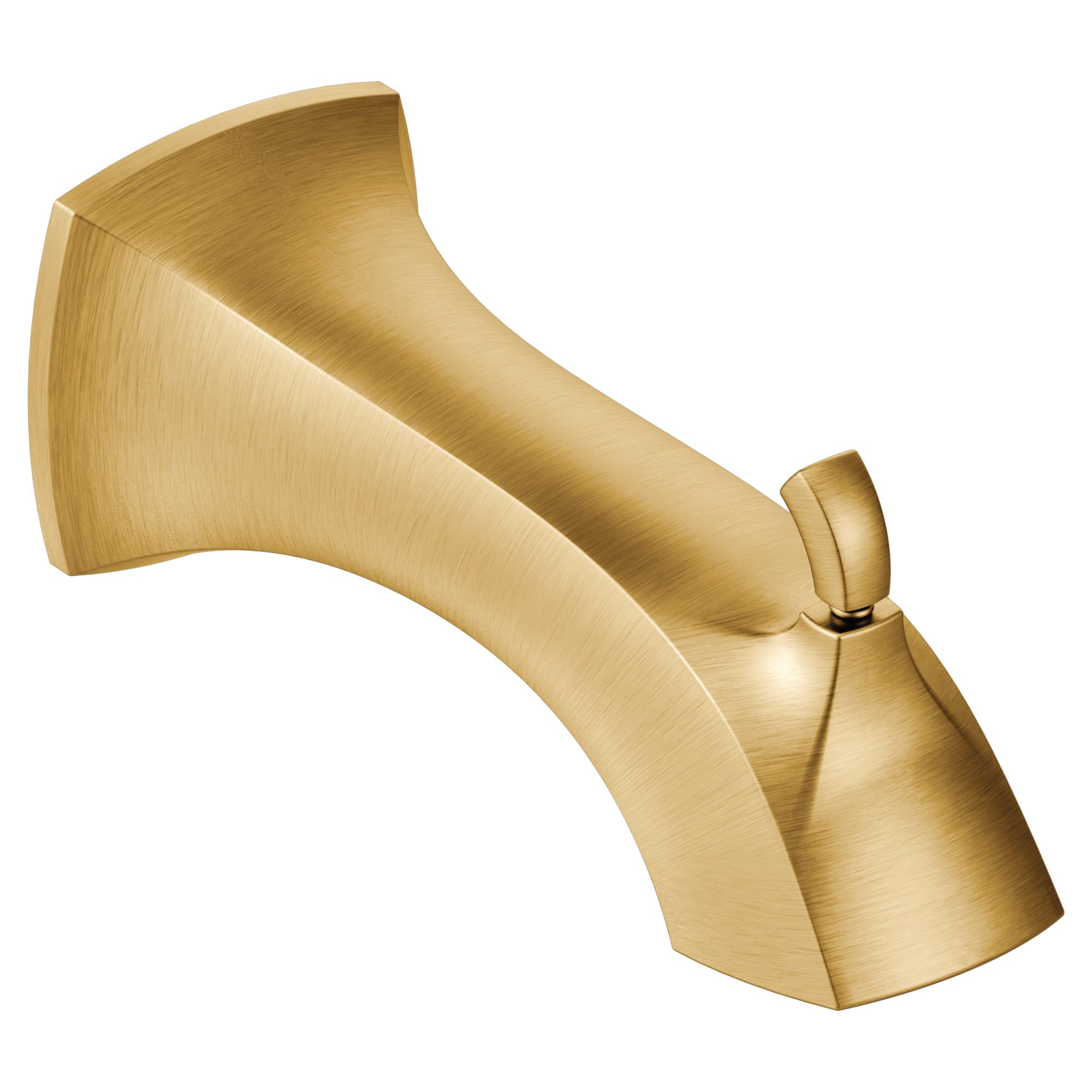 Brushed gold tub spout with curved outlet and diverter lever on cylindrical base.