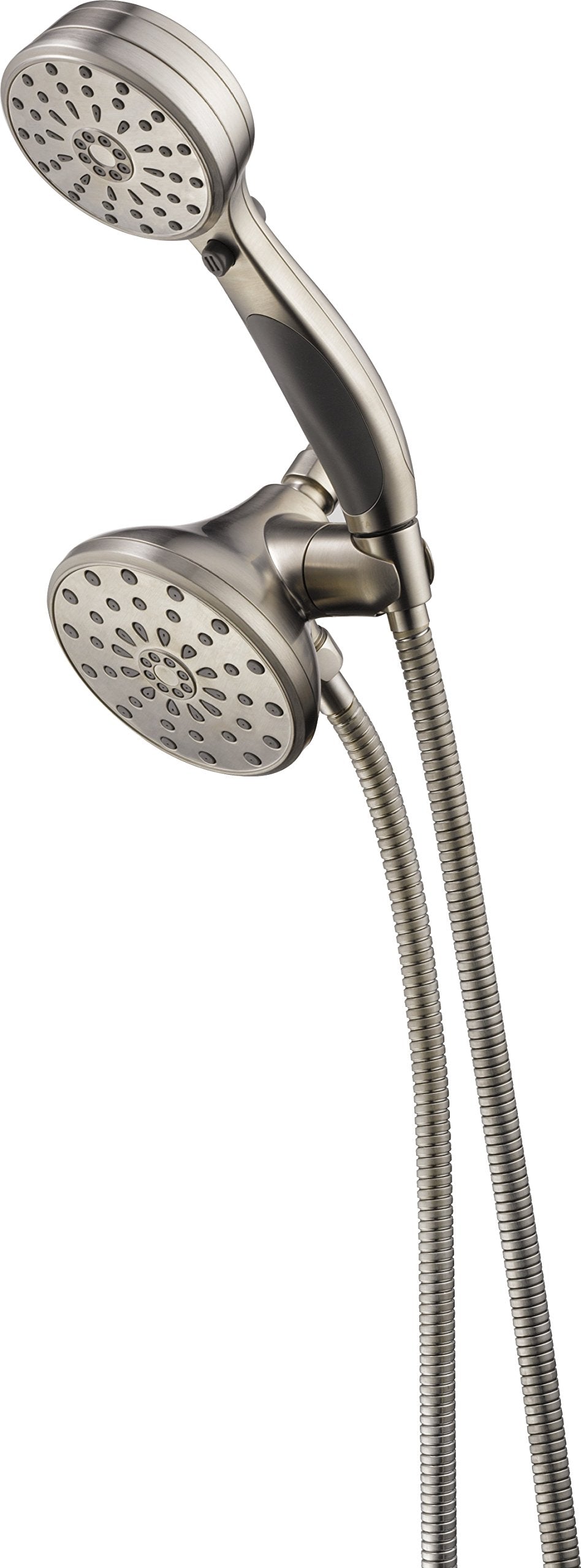 Brushed nickel hand shower and fixed shower head with spray holes connected by dual hoses and mounting bracket.