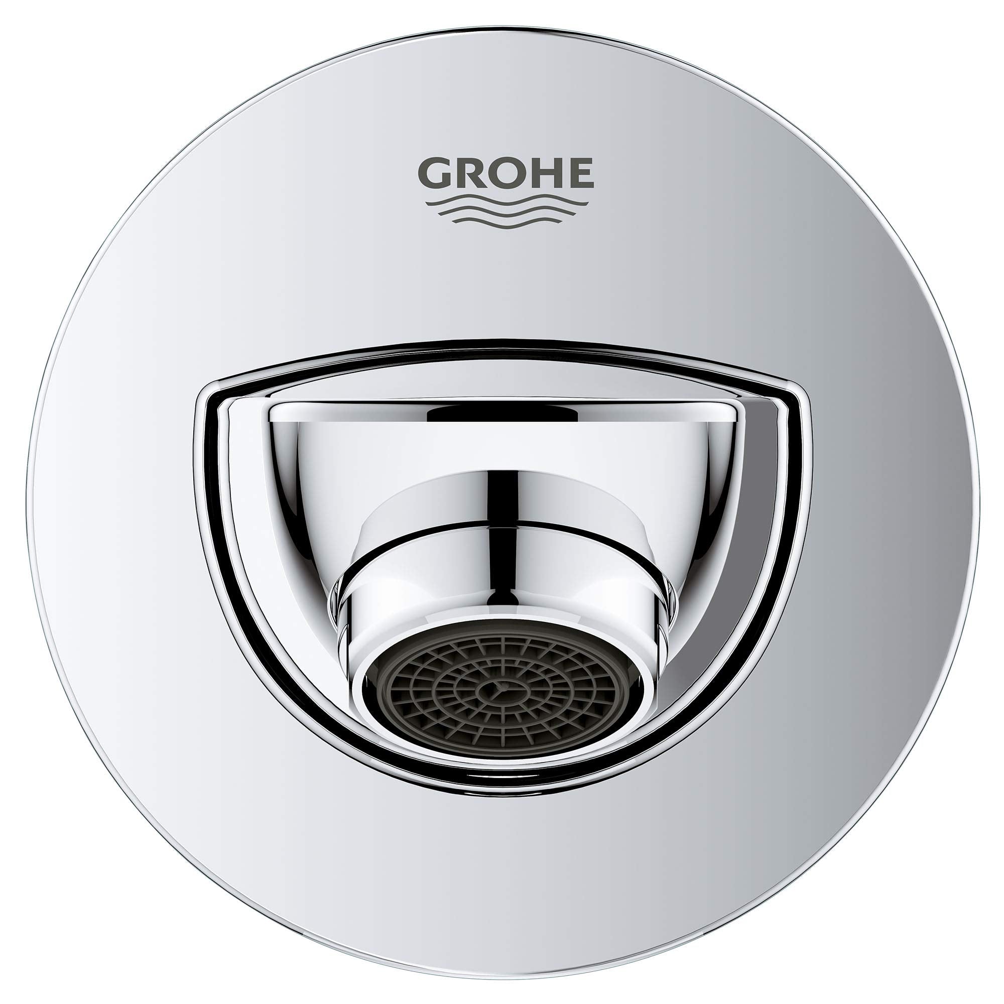 Grohe Bauloop chrome tub spout with circular escutcheon plate and integrated aerator outlet.