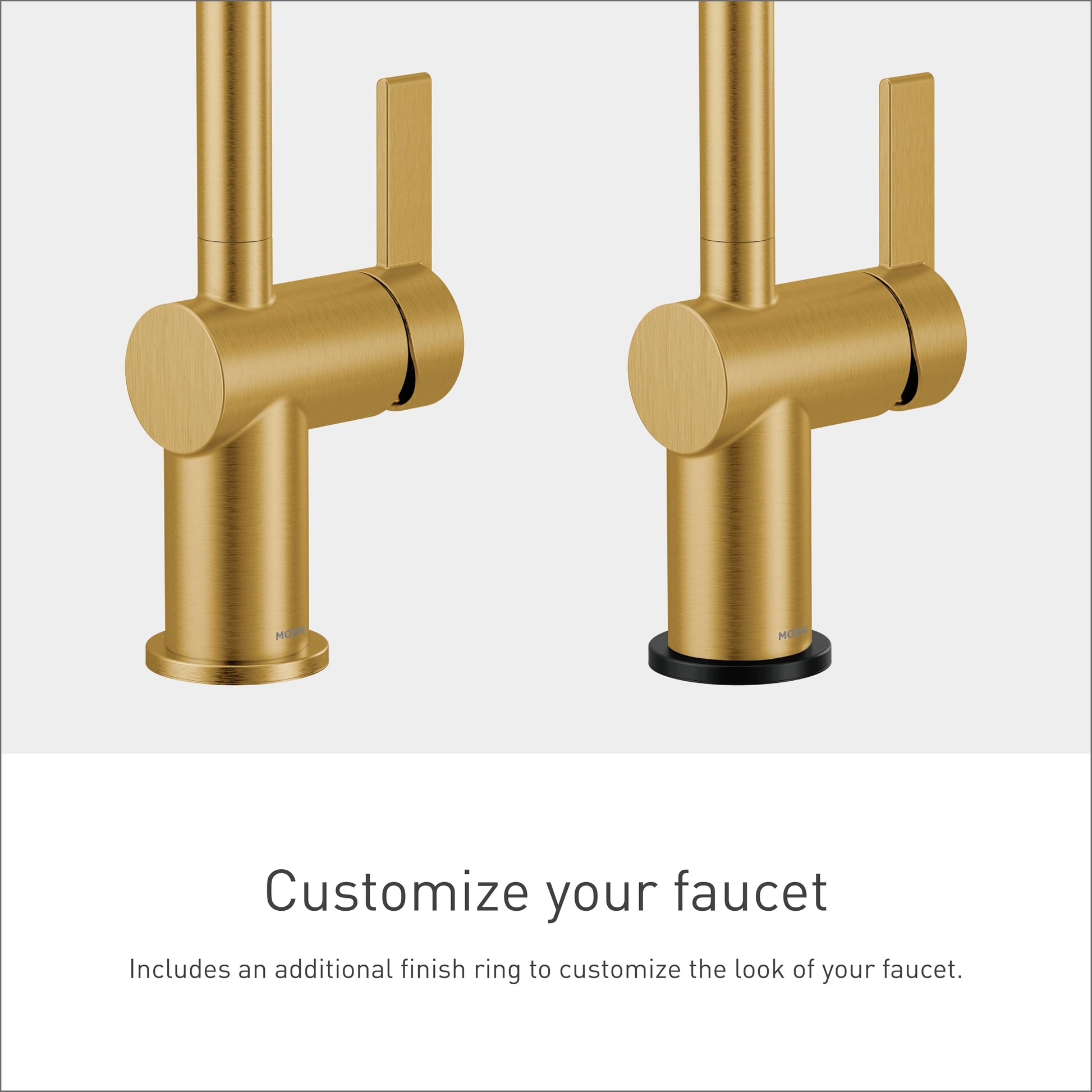 Brushed gold pulldown kitchen faucet shown with optional black accent ring at base for customization.
