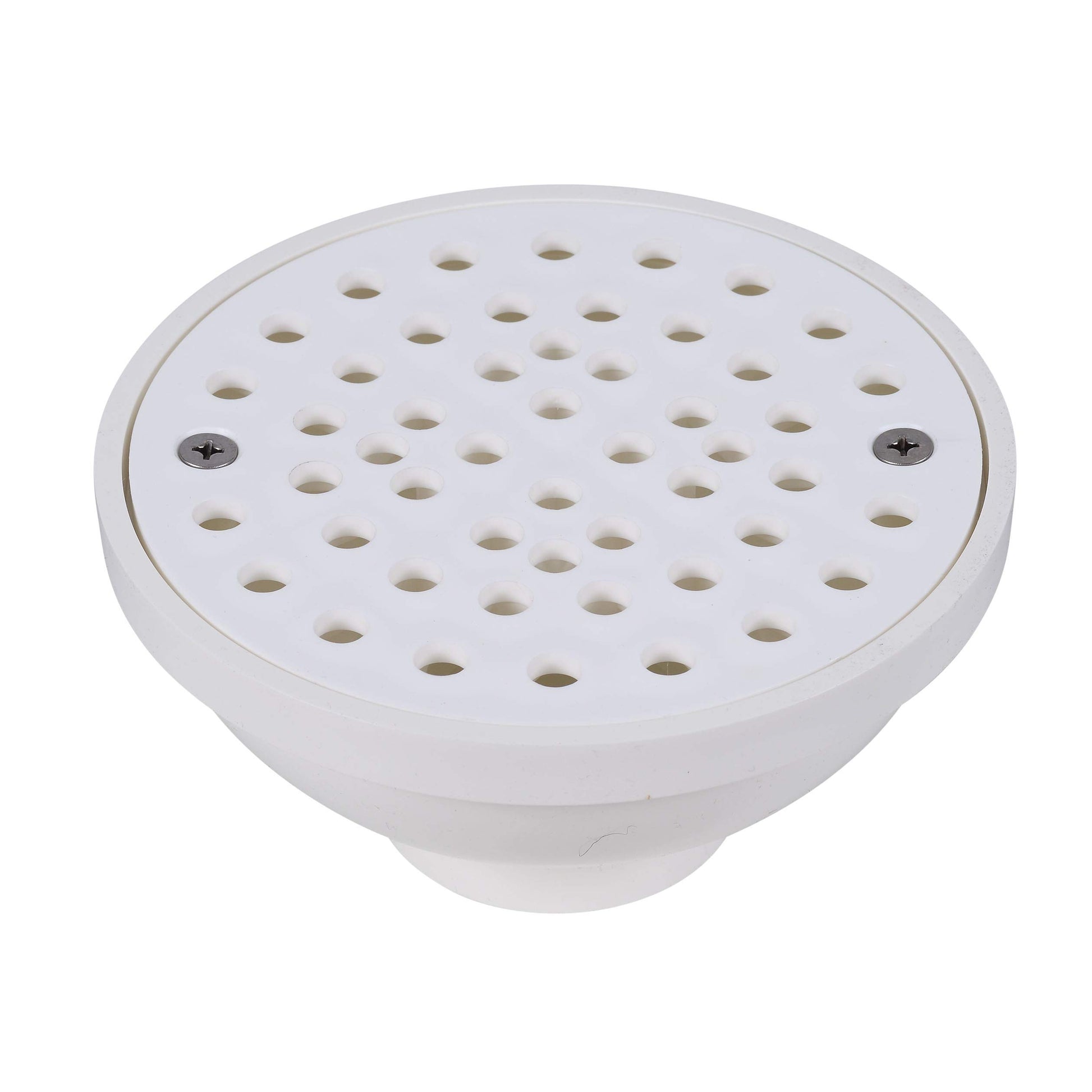 White PVC area floor drain with perforated strainer top and two mounting screws.