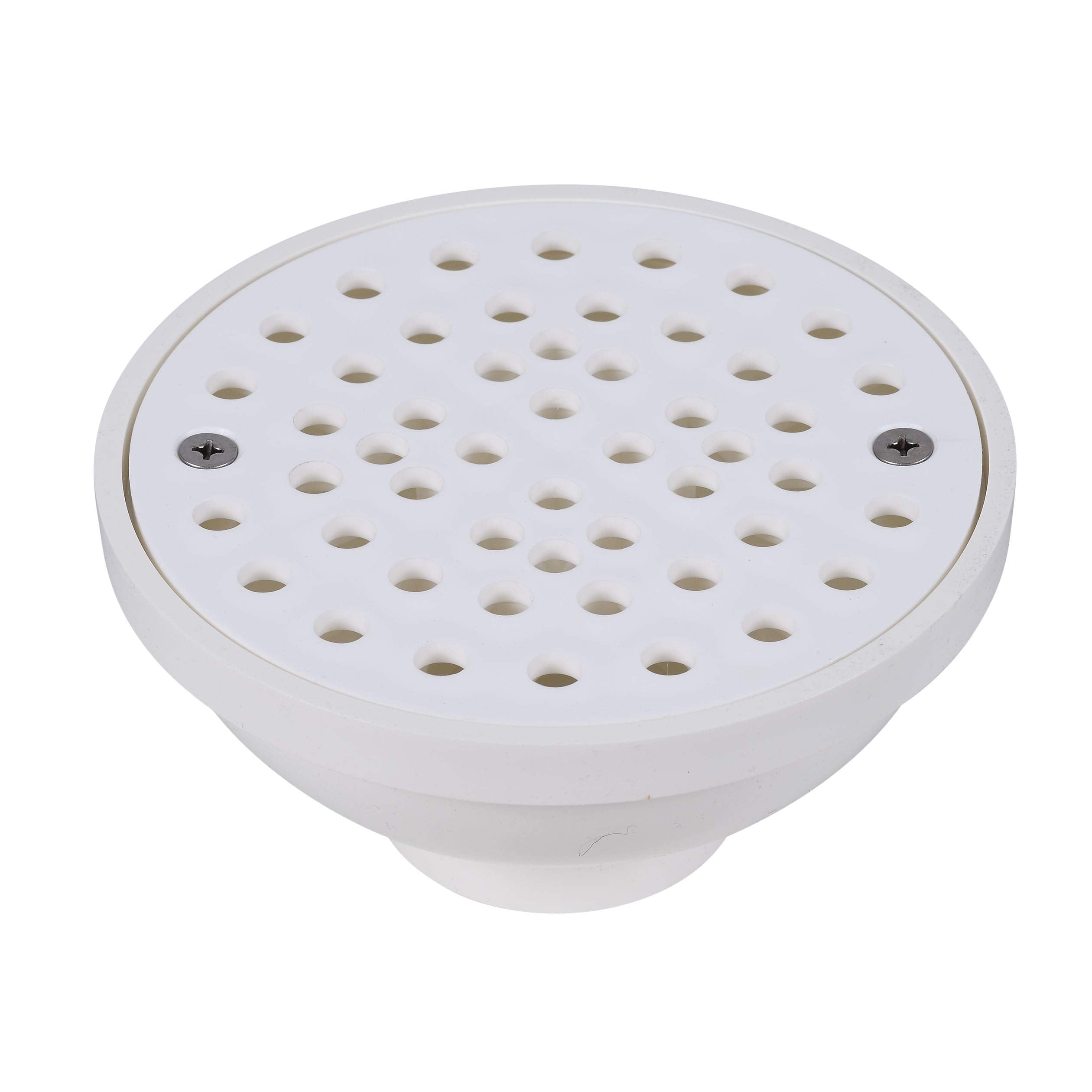 White PVC area floor drain with perforated strainer top and two mounting screws.