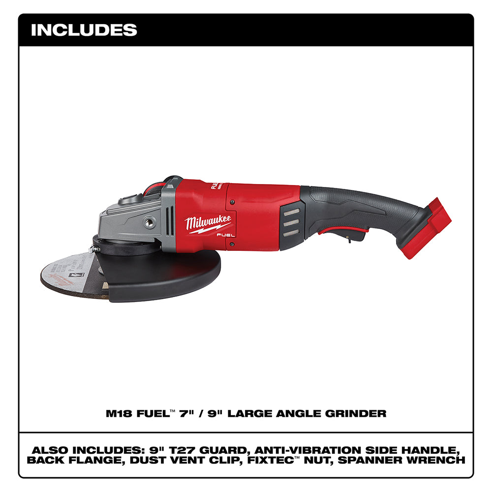 Red and black M18 FUEL large angle grinder with side handle and grinding wheel guard visible.
