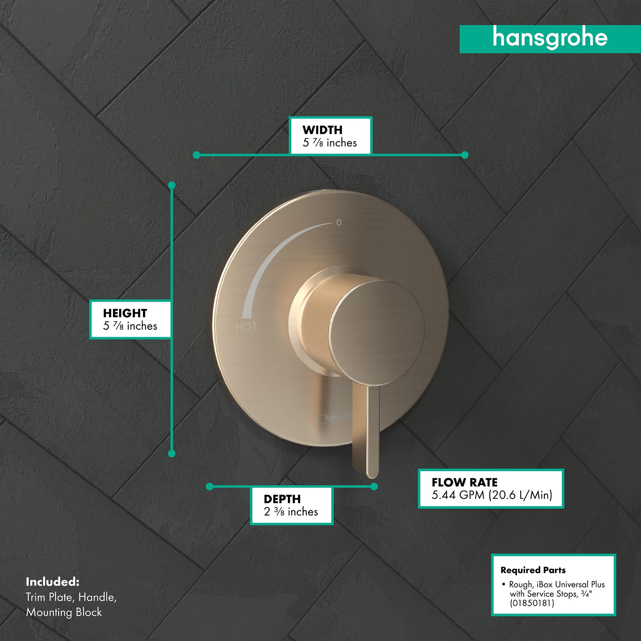Brushed bronze circular pressure balance trim with lever handle and dimensions labeled: 5 7/8" width, 5 7/8" height, 2 3/8" d