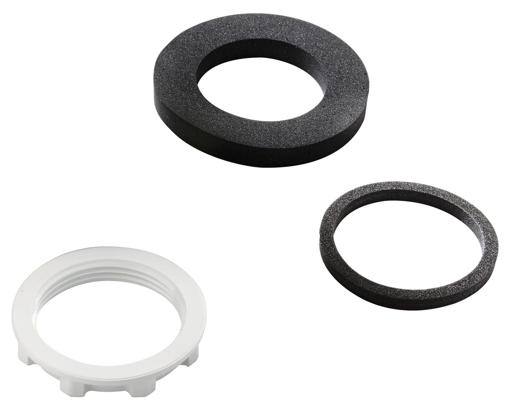 Three rubber seals: one white threaded ring and two black foam rings in varying sizes.