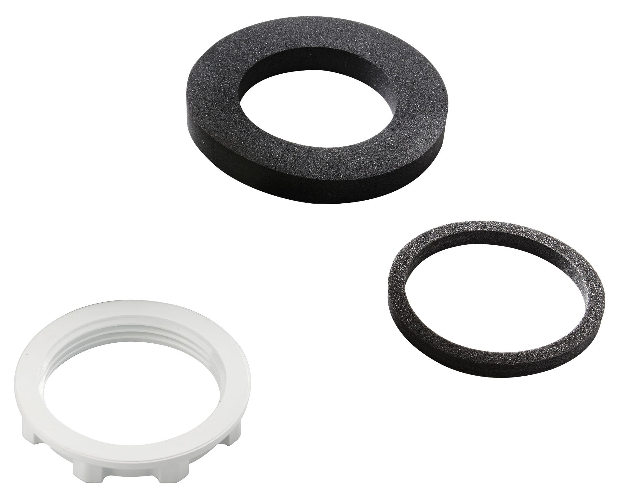 Three rubber seals: one white threaded ring and two black foam rings in varying sizes.