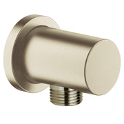 Brushed nickel cylindrical wall union with threaded connection port and circular mounting flange.