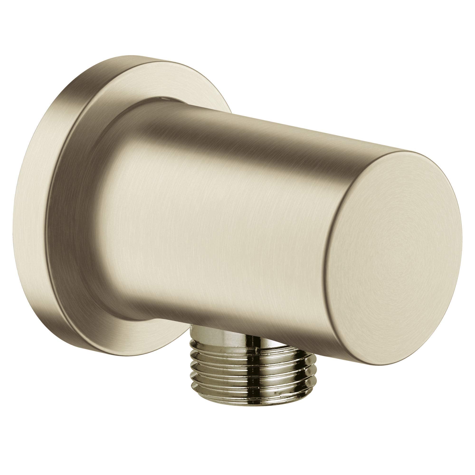 Brushed nickel cylindrical wall union with threaded connection port and circular mounting flange.
