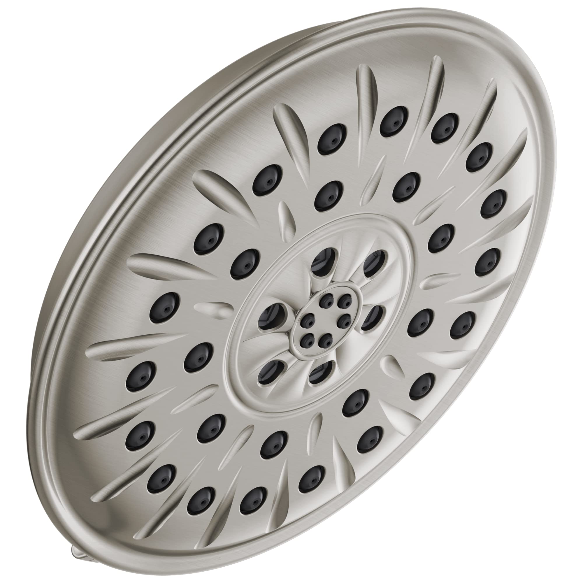 Brushed nickel circular shower head with multiple spray jets arranged in concentric rings and radial channels.