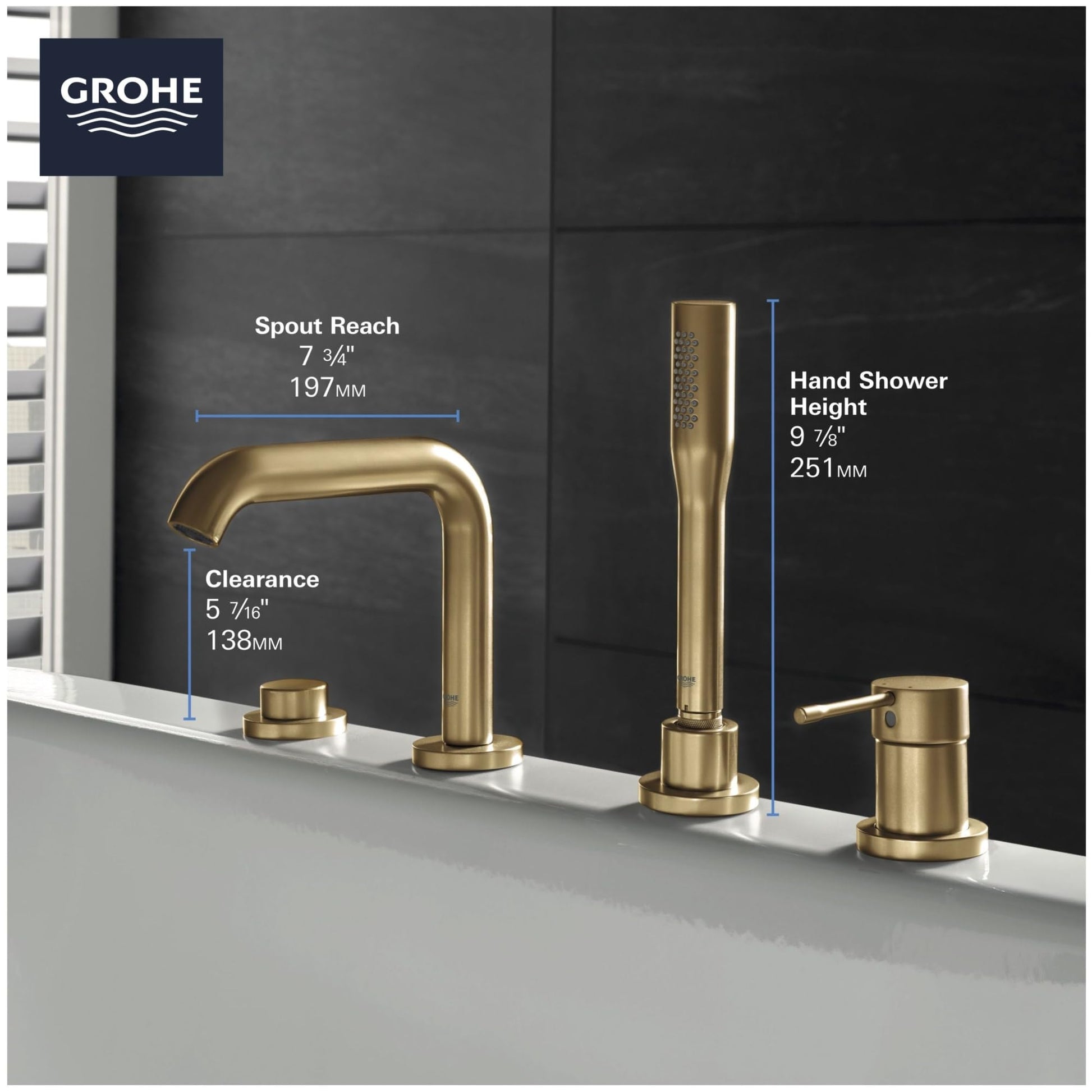 Grohe Essence brushed cool sunrise four-piece roman tub faucet with curved spout, hand shower, and single handle control.