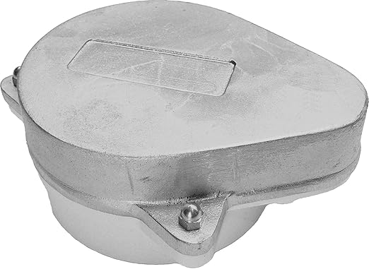 Gray metal watertight well cap with rounded top, rectangular slot opening, and mounting bracket on side.