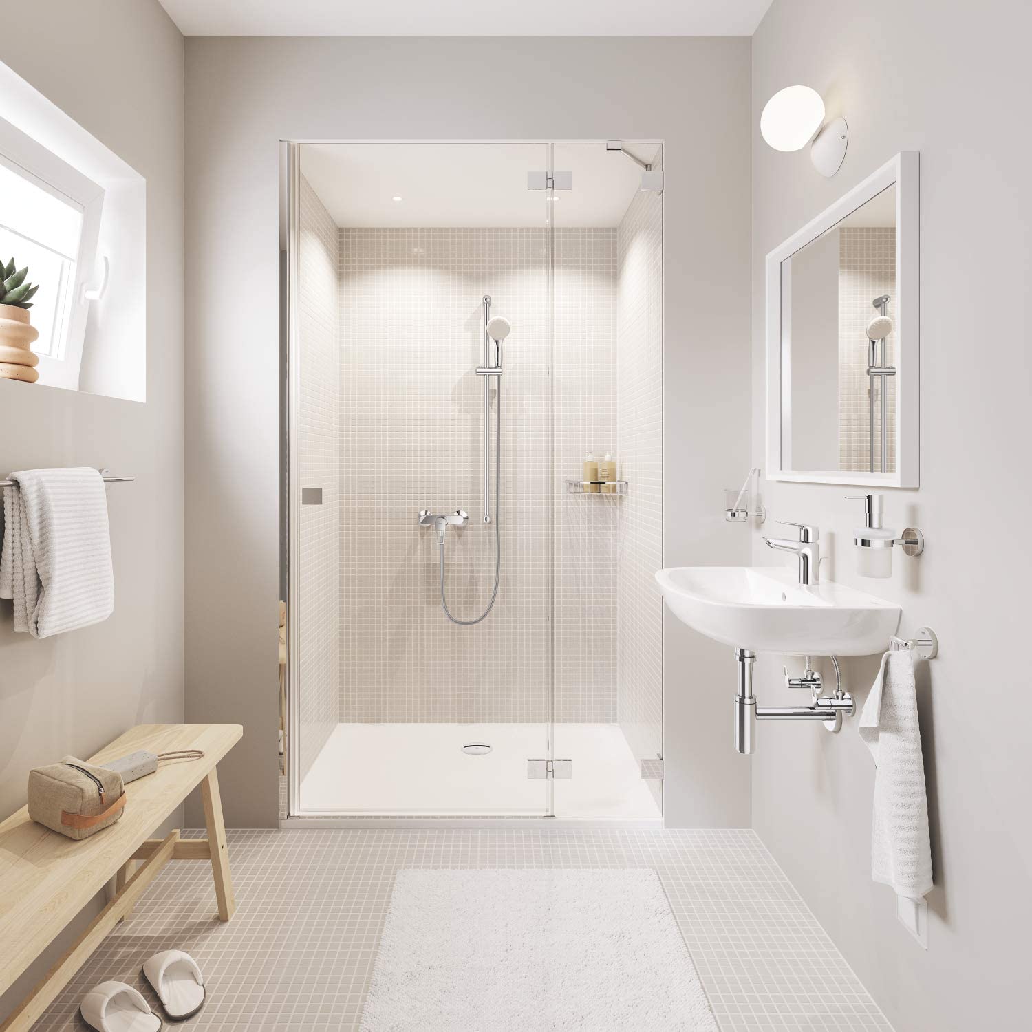 Chrome wire basket mounted on shower enclosure wall in bathroom setting.