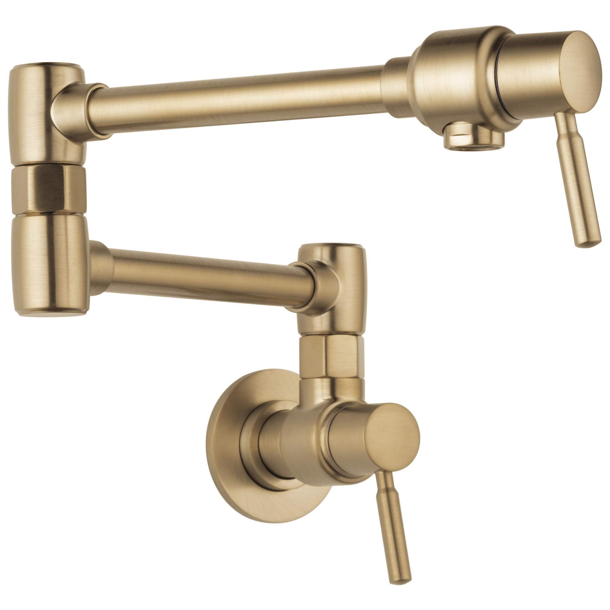 Brushed gold wall-mounted pot filler faucet with articulating arm and lever handle.