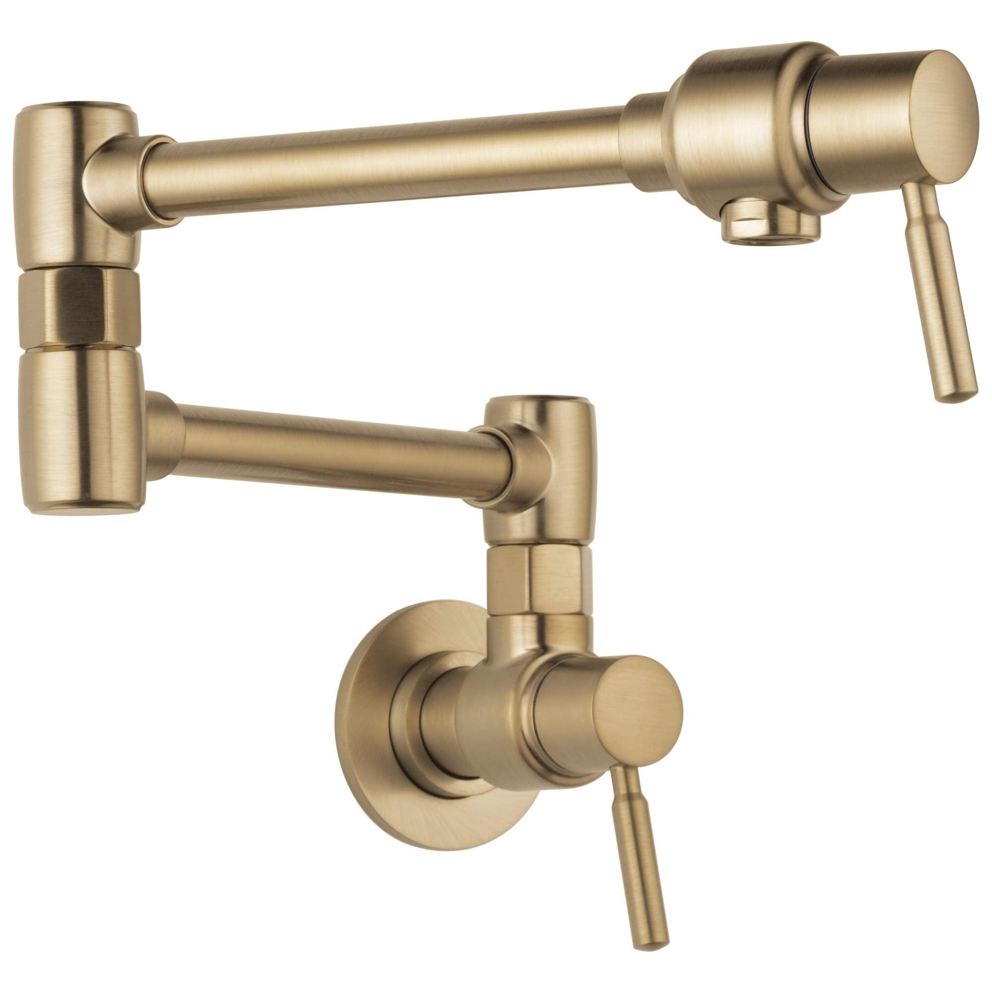 Brushed gold wall-mounted pot filler faucet with articulating arm and lever handle.