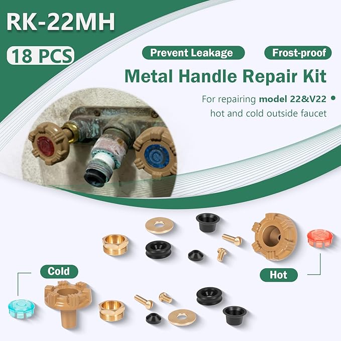 18-piece metal handle repair kit with brass and black components for outdoor faucet maintenance.