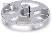 Chrome shower drain wrench with brass center nut and plastic feet, marked "No-Calk" and "1 1/2".