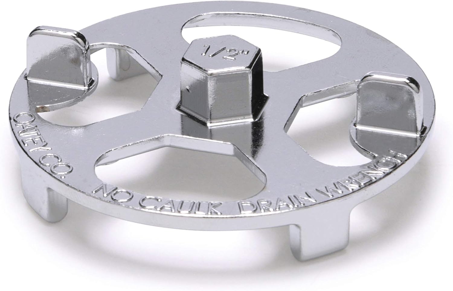 Chrome shower drain wrench with brass center nut and plastic feet, marked "No-Calk" and "1 1/2".