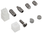 Chrome fixing set containing threaded bolts, plastic anchors, and rubber caps for Grohe faucet installation.