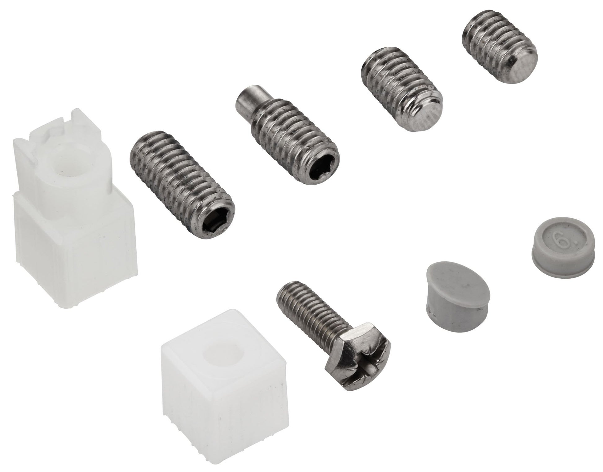 Chrome fixing set containing threaded bolts, plastic anchors, and rubber caps for Grohe faucet installation.