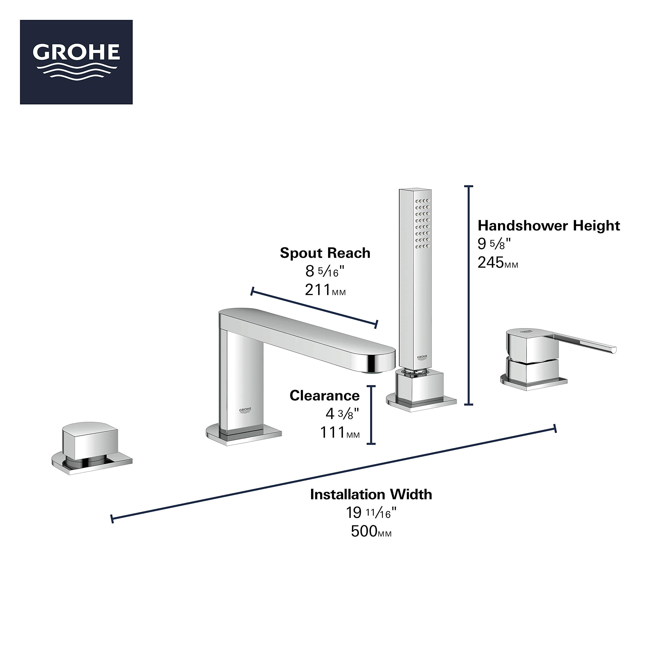 Brushed nickel deck-mount Roman tub faucet with single handle, vertical handshower, and dimensional specifications labeled.