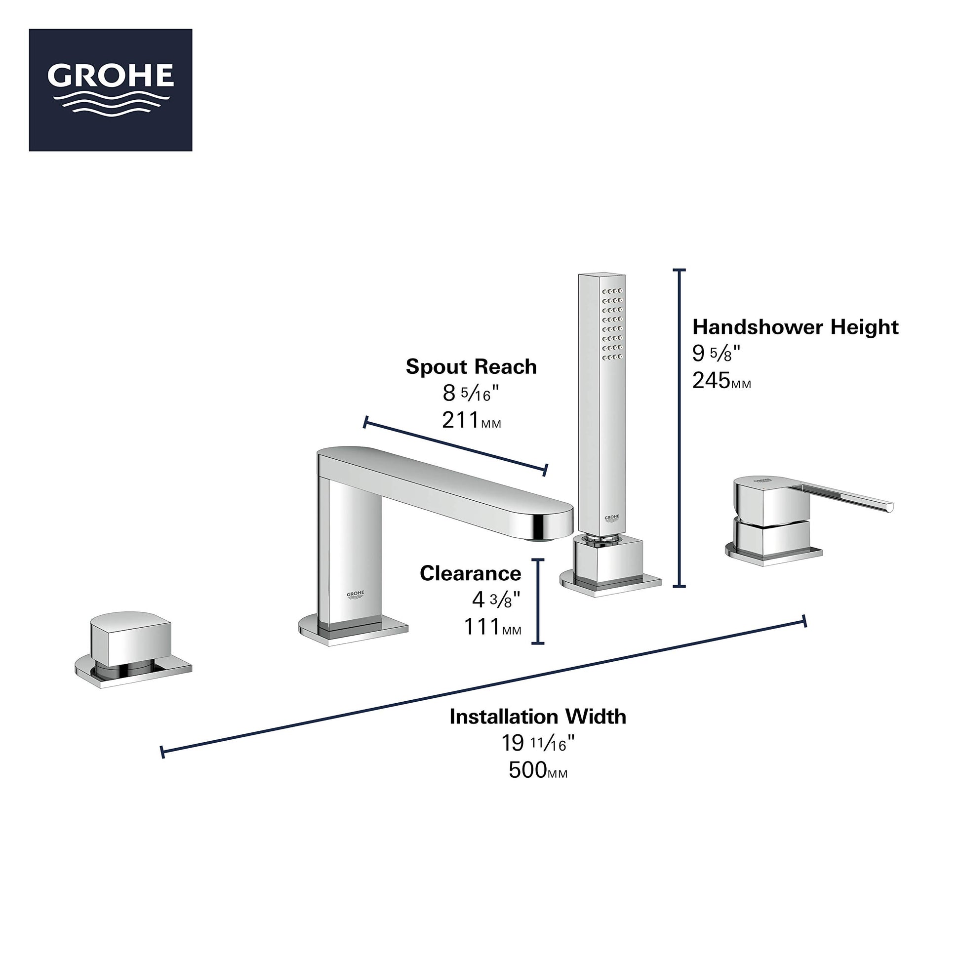 Chrome deck-mount Roman tub faucet with single handle, rectangular spout, vertical hand shower, and two control knobs with di
