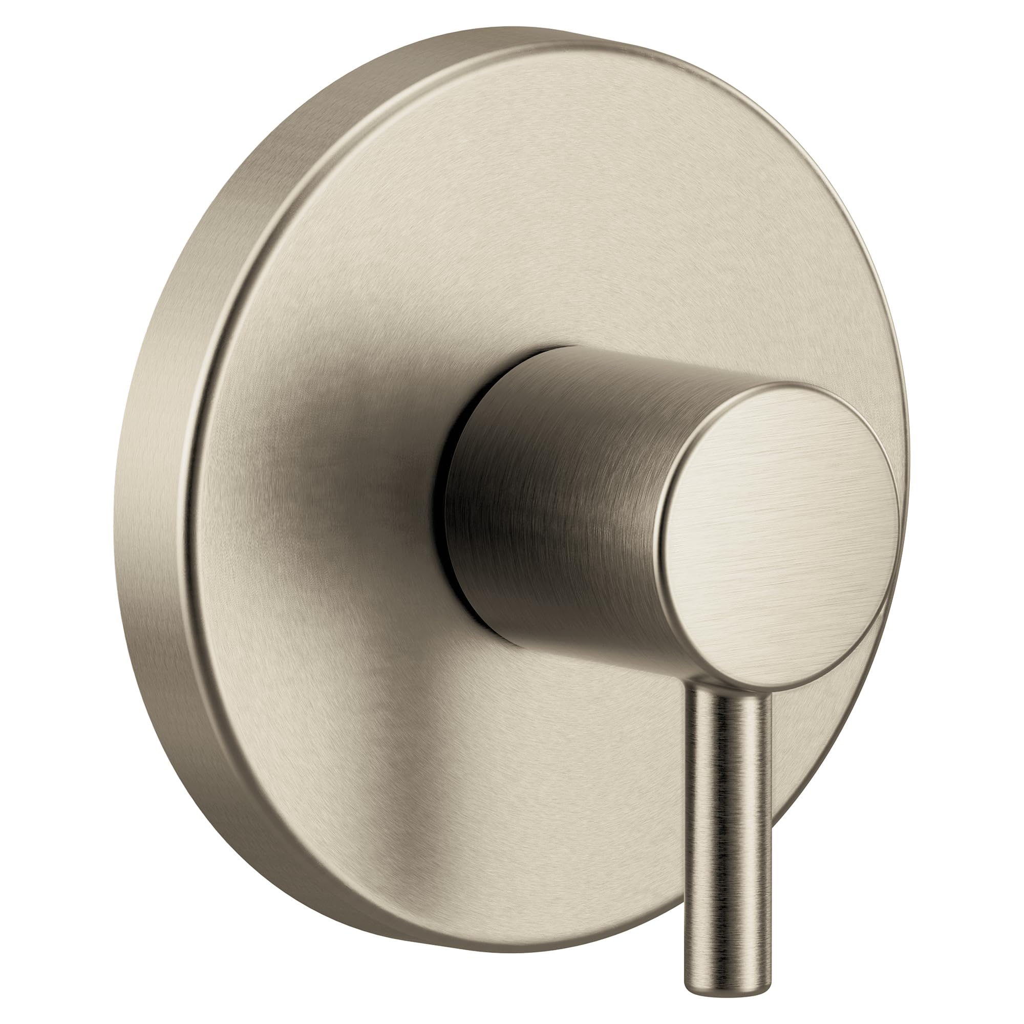 Brushed nickel single-handle transfer valve trim with round escutcheon plate and cylindrical lever handle.