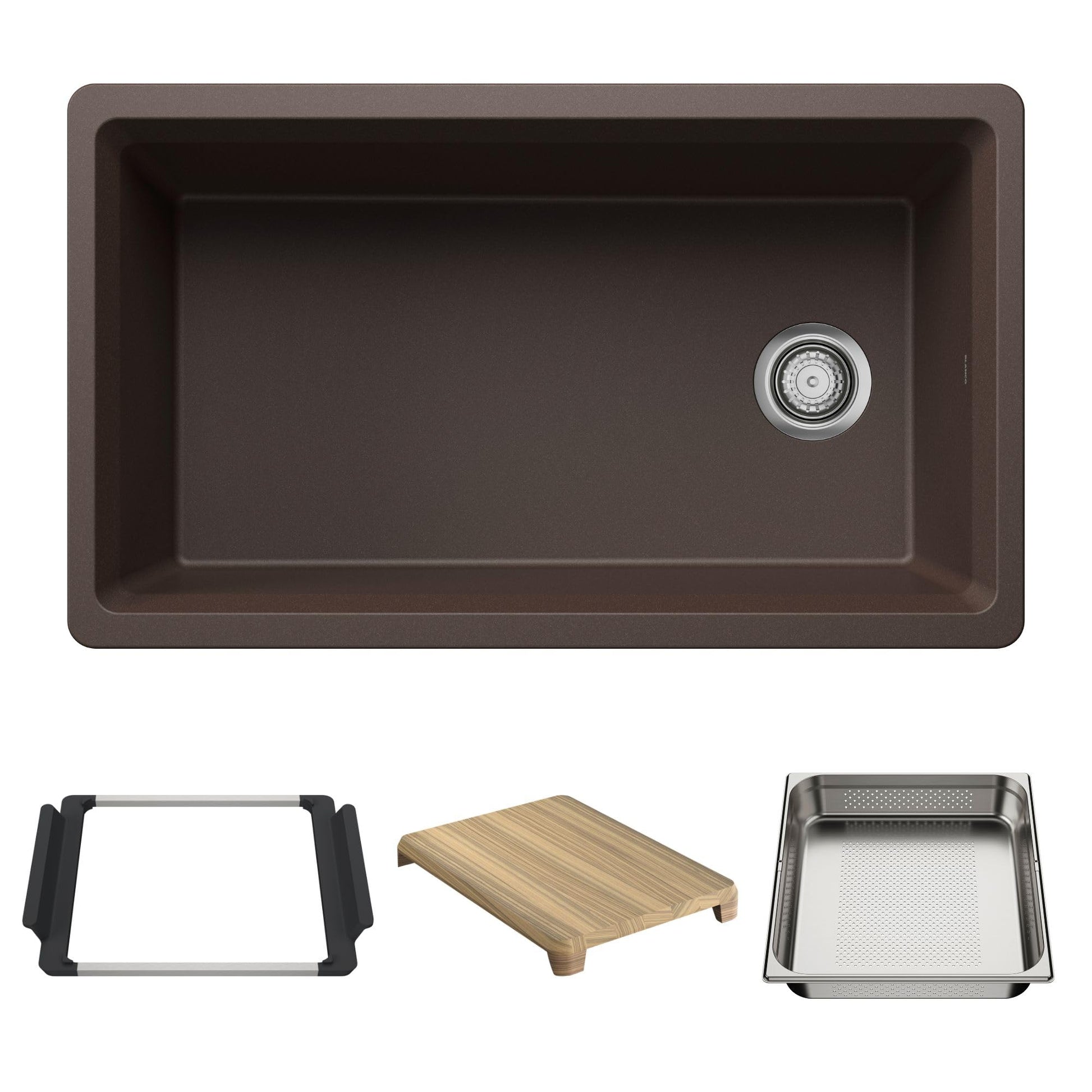Cafe-colored single-bowl kitchen sink with rounded corners, chrome drain, and included accessories: rubber trim, wooden cutti
