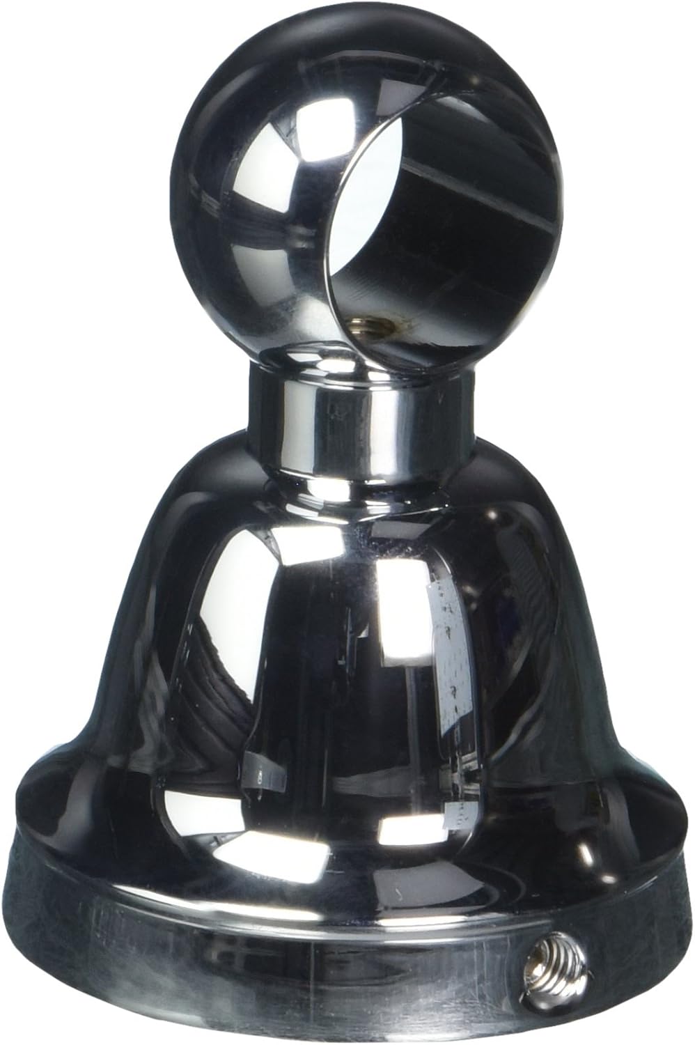 Chrome mounting post with spherical top and bell-shaped base, featuring a central opening and threaded connection point.