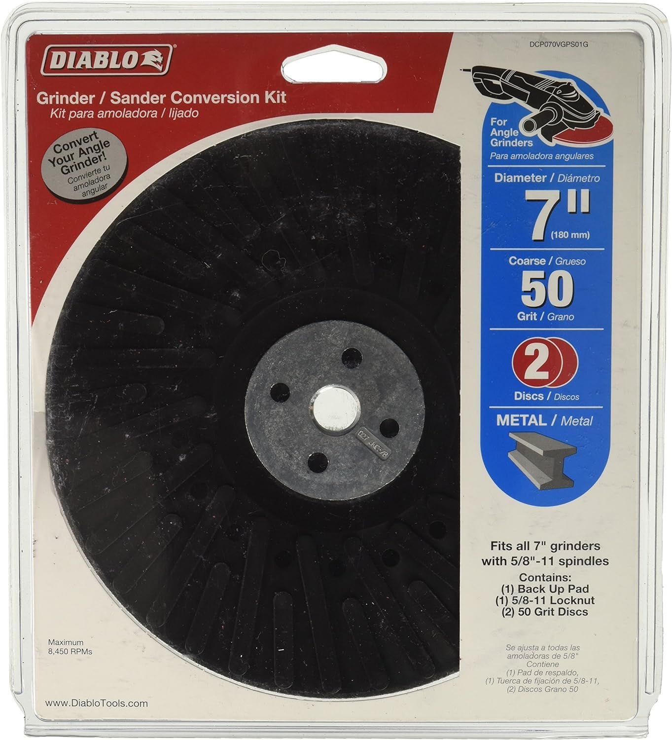 Diablo 7-inch grinder/sander conversion kit with black sanding pad, gray backing plate, and two 50-grit discs.