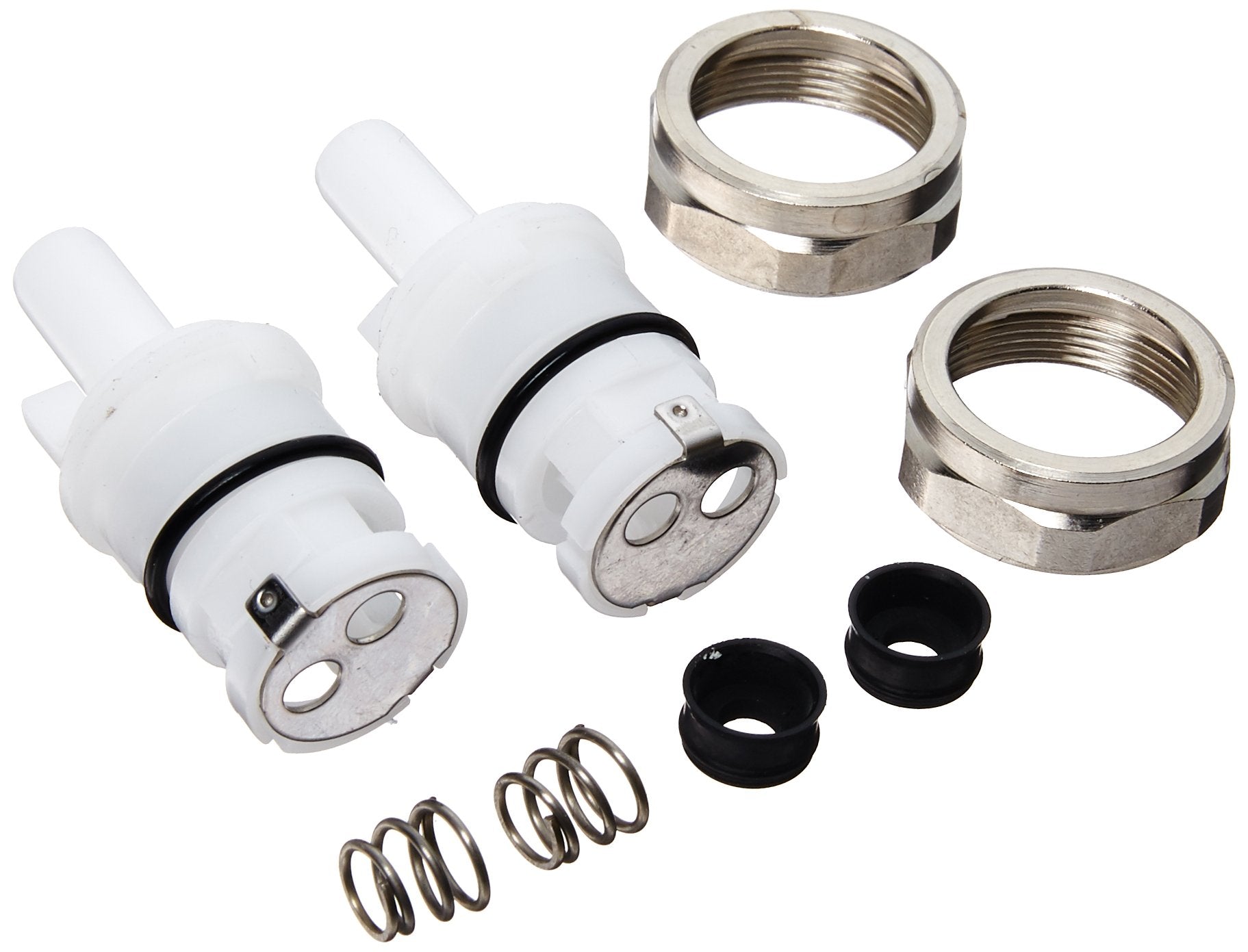 Chrome bonnet and cartridge assembly kit with white plastic bodies, black seals, metal rings, and springs.
