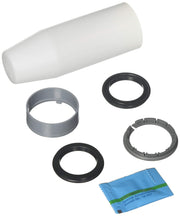White cylindrical cartridge with gray ring, two black rubber seals, gray notched ring, and blue packet.