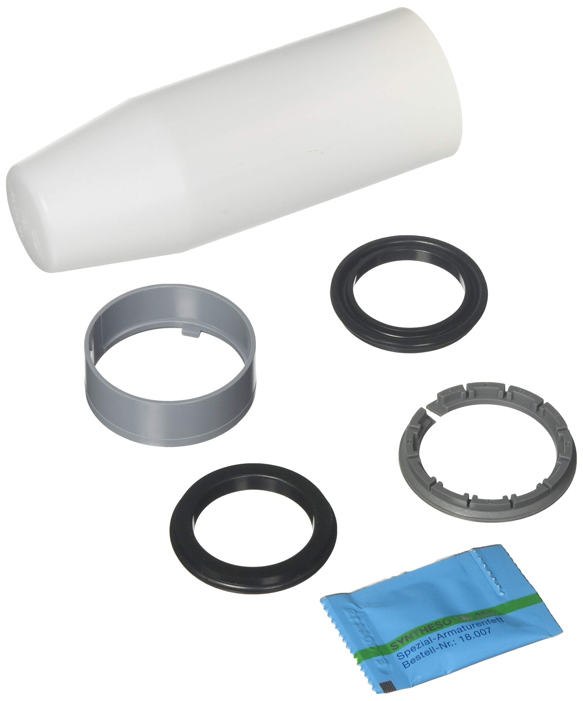 White cylindrical cartridge with gray ring, two black rubber seals, gray notched ring, and blue packet.
