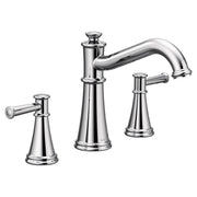 Chrome two-handle roman tub faucet with curved spout and tapered cone-shaped handles.
