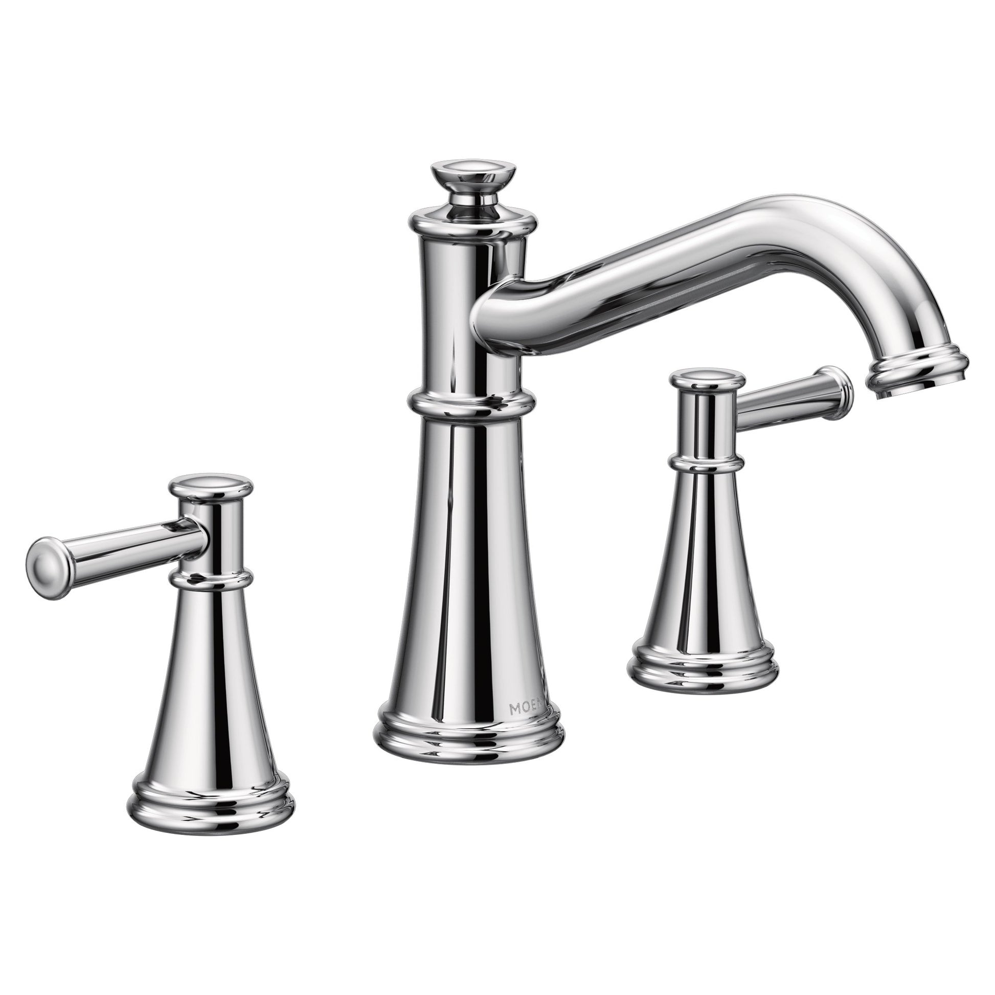 Chrome two-handle roman tub faucet with curved spout and tapered cone-shaped handles.