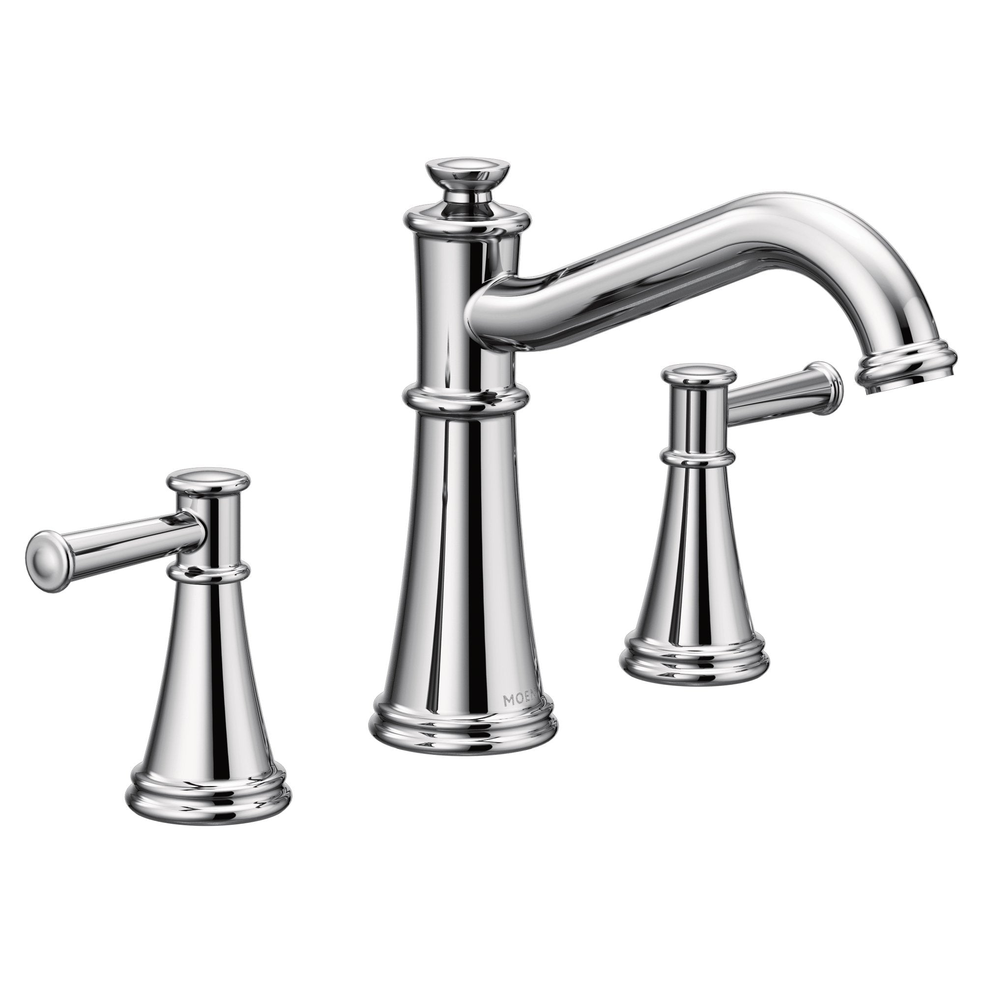 Chrome two-handle roman tub faucet with curved spout and tapered cone-shaped handles.