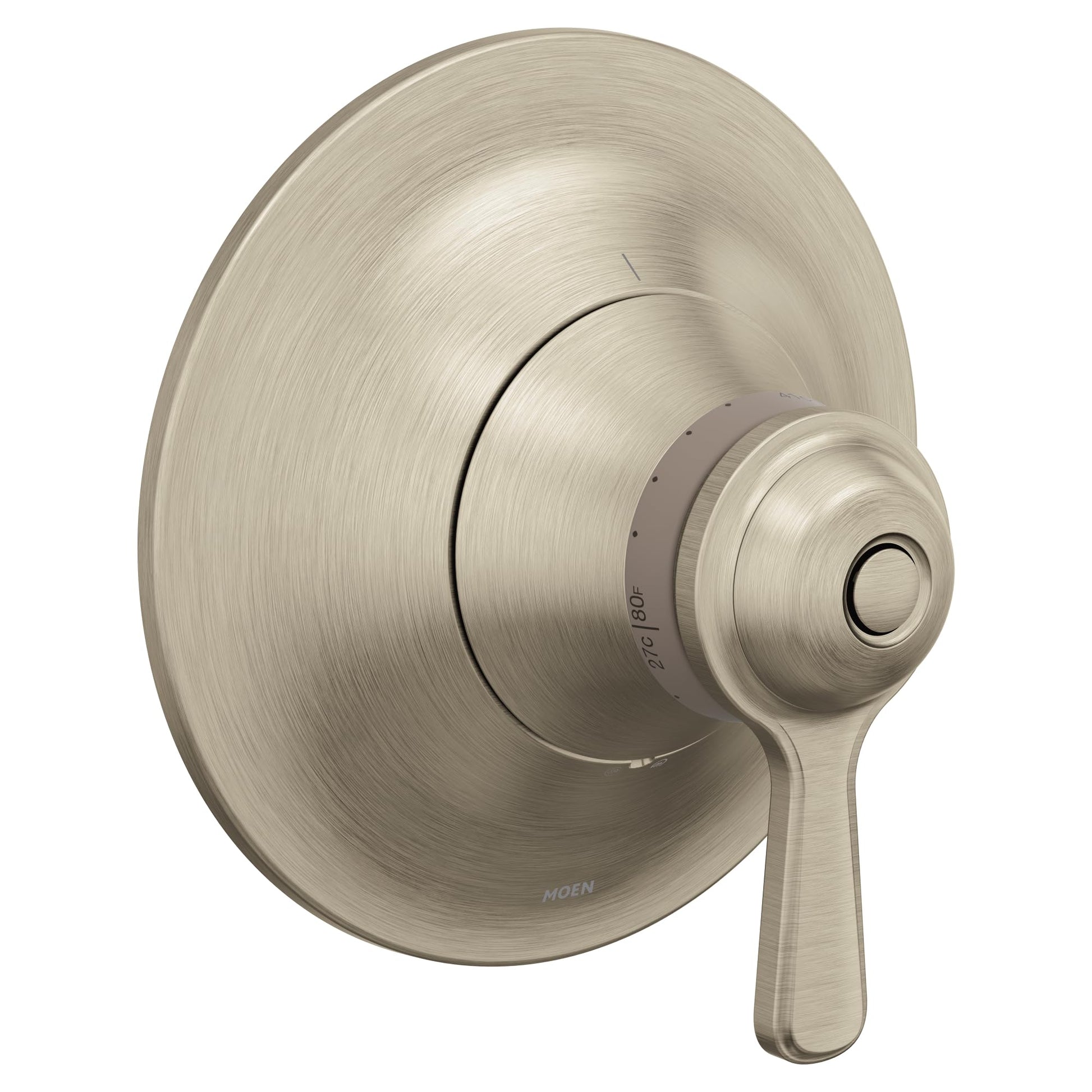 Brushed nickel thermostatic shower valve trim with circular escutcheon plate and lever handle.