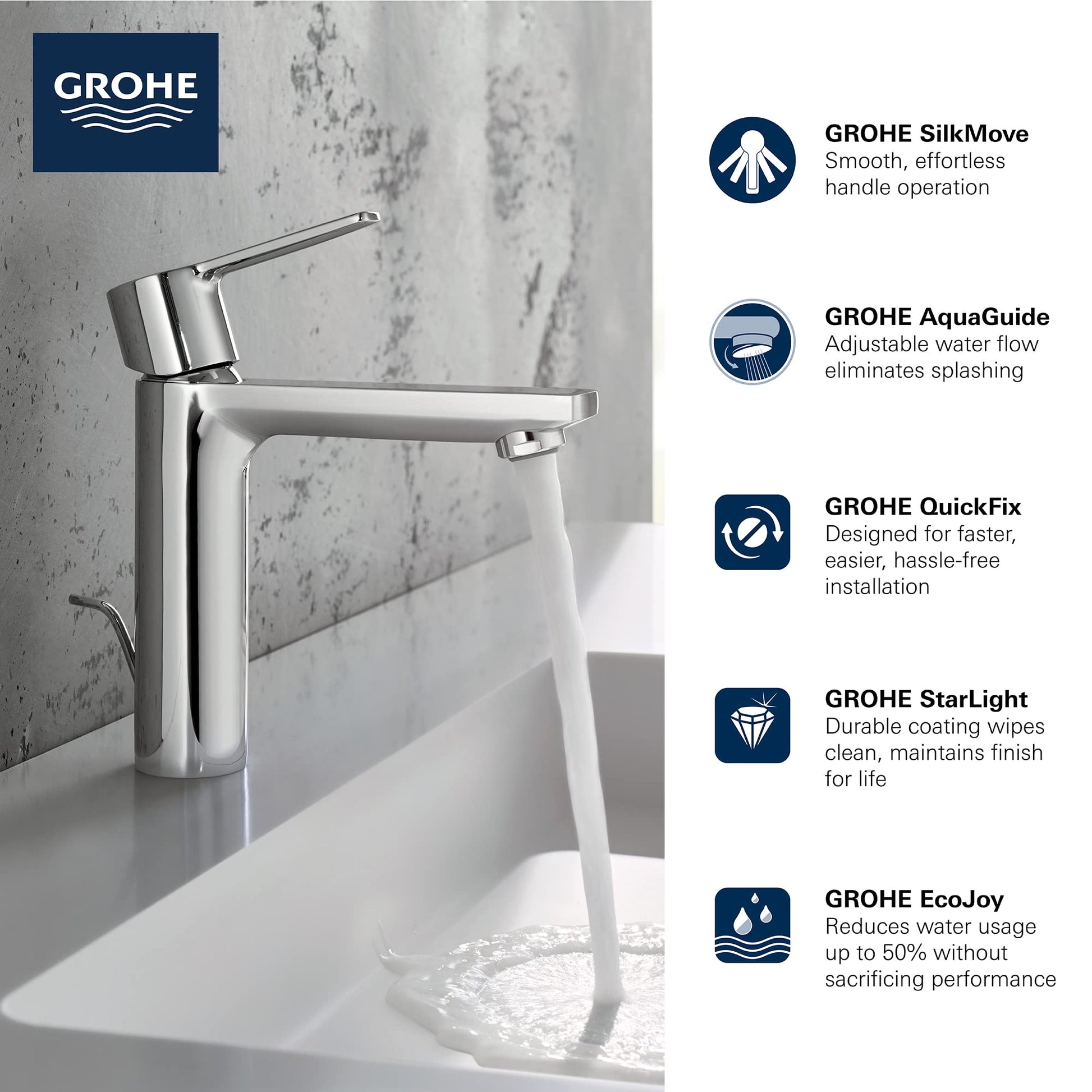 Grohe Lineare matte black single-handle bathroom faucet with hand shower mounted on marble sink deck.