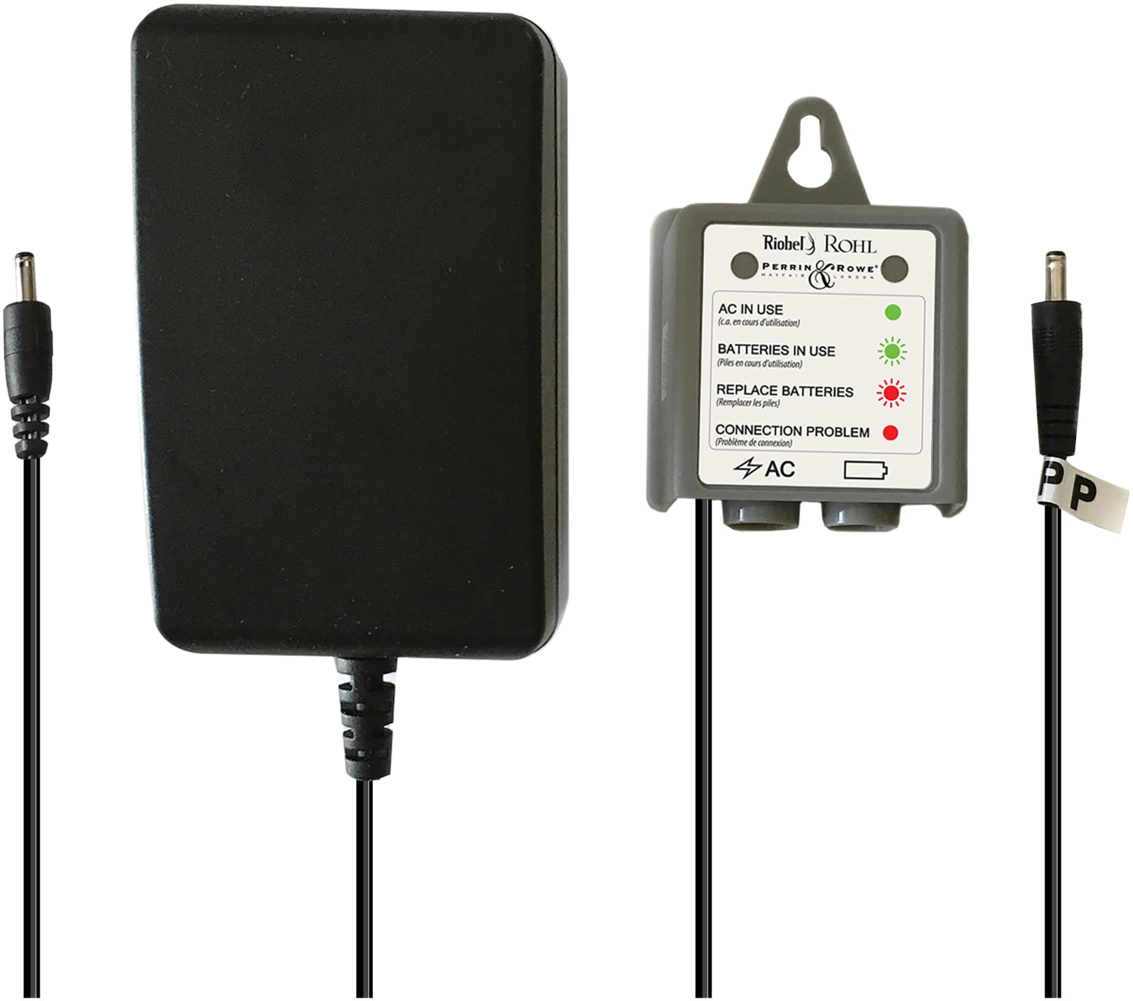 Black ROHL AC power adapter with cord and status indicator module showing battery and connection status lights.