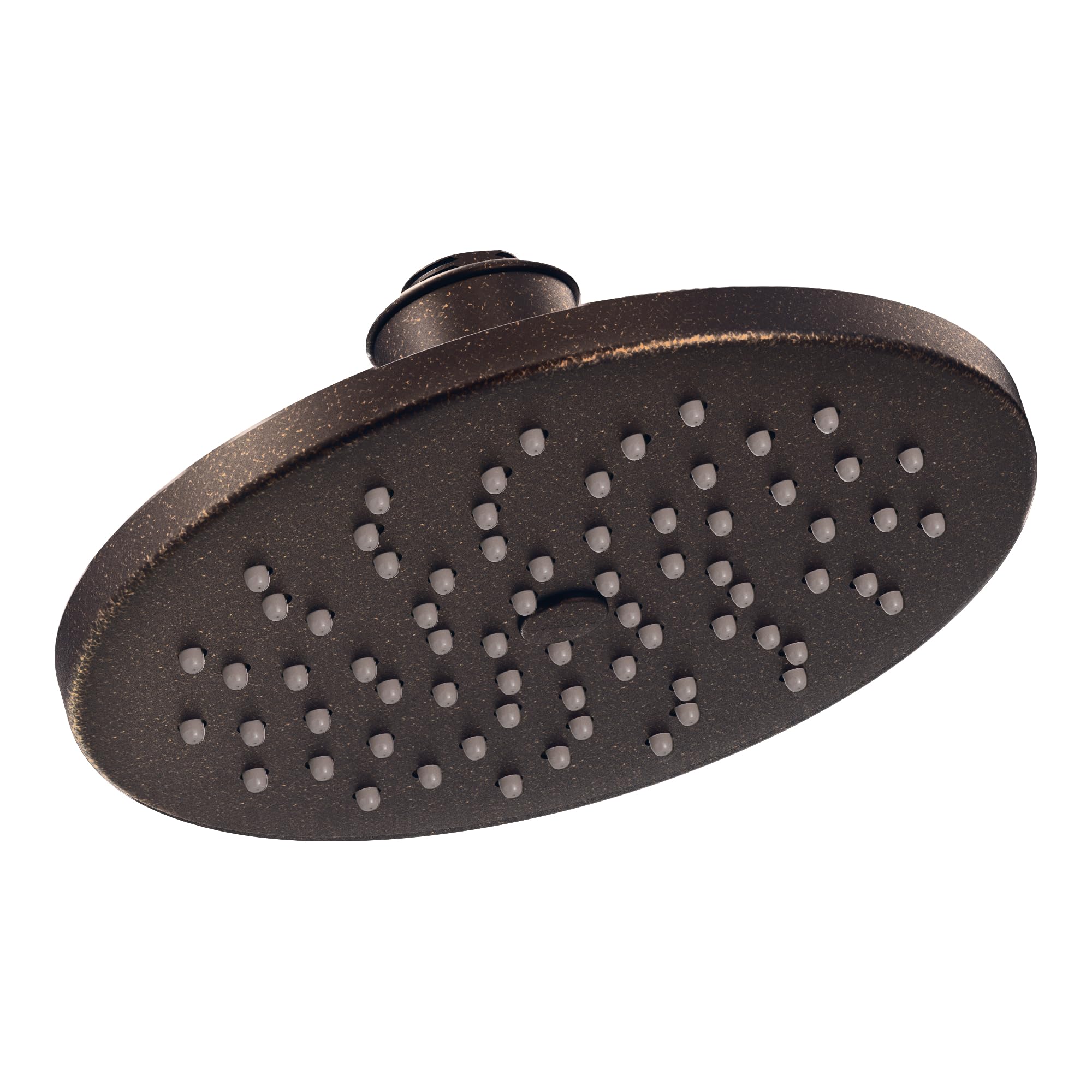 Oil-rubbed bronze oval showerhead with multiple spray holes and curved mounting arm.