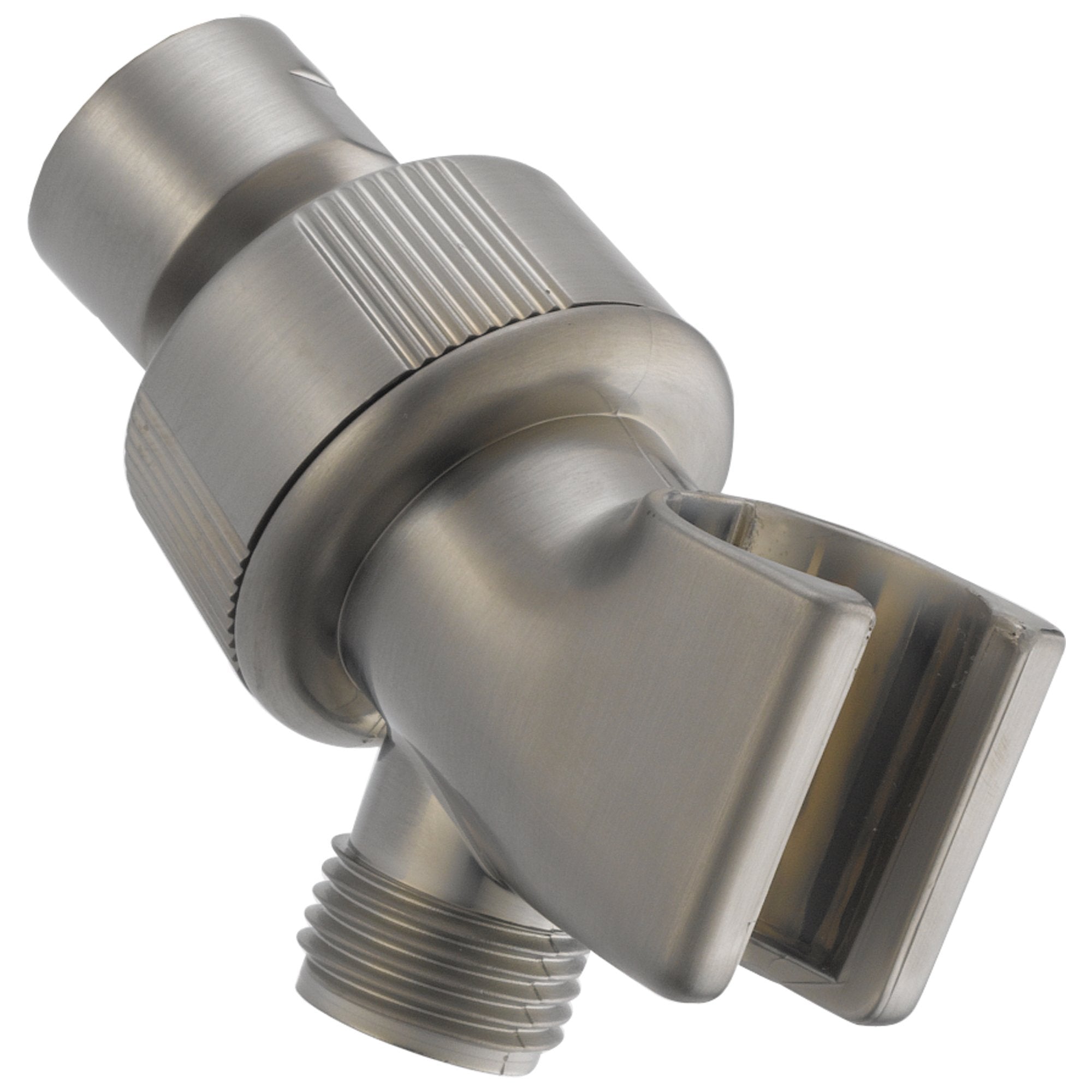 Chrome shower arm mount with adjustable bracket and cylindrical connector for hand shower attachment.