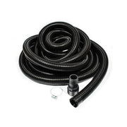 Coiled black corrugated discharge hose with metal connector and hose clamp included.